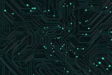  Abstract representation of a circuit board with glowing neon lines and geometric patterns against a dark background. The image evokes a high-tech, futuristic feel with ample copy space