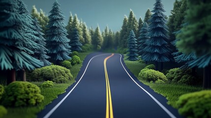 A winding road through a dense forest, with tall trees lining the sides and a blue sky overhead.