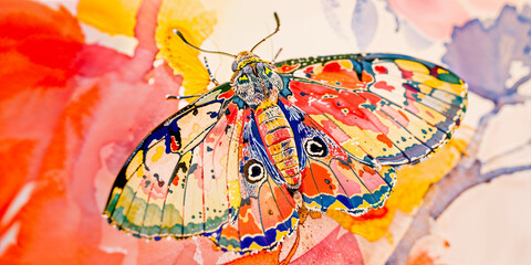 multicolor butterfly closeup with intricate patterns and vivid colors perches gracefully on a...