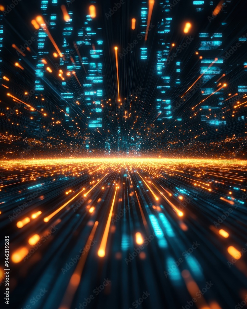 Poster Abstract digital art representation of data analytics and technology with glowing blue and orange lines creating a futuristic feel.
