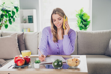 Photo of lovely cheerful girl sit couch talk phone table write notebook dressed violet garment...