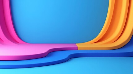 Abstract background with curved pink, orange and blue shapes on a blue backdrop.