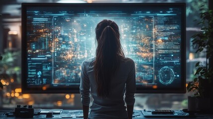 A person interacts with a futuristic holographic interface displaying live TV broadcasts in a contemporary tech setting, surrounded by glowing screens.