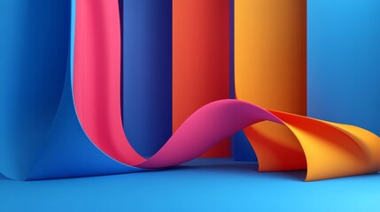 Obraz premium Abstract colorful 3D background with a flowing pink ribbon and vibrant blue, orange and red stripes. Perfect for design projects.