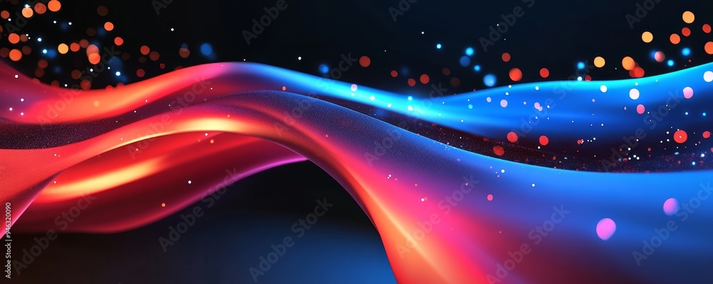 Poster abstract glowing red and blue waves with sparkling particles.