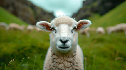 Fototapeta premium Herd Sheep Grazing Top Grass Covered