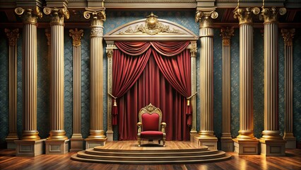 Elegant velvet curtains drawn back, revealing a grand, ornate stage with classical columns and a majestic throne, evoking the grandeur of traditional English theatre.