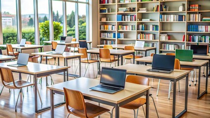 Empty classroom with laptops, tables, and chairs spaced apart, amidst blurred bookshelves, conveying a sense of isolation and remote education during pandemic times.