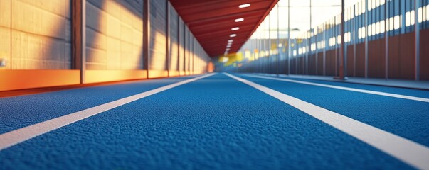 Obraz premium Blue running track with white lines, perspective view.