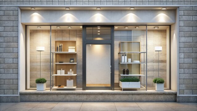 Empty storefront window display mockup with interchangeable signage, shelving, and product placeholders, ideal for showcasing merchandise, promotions, or branding in a retail setting.