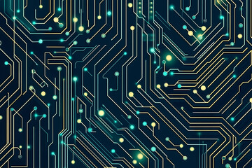  Abstract representation of a circuit board with glowing neon lines and geometric patterns against a dark background. The image evokes a high-tech, futuristic feel with ample copy space