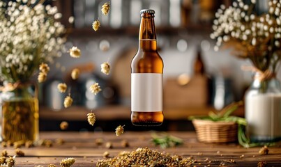 Brown Beer Bottle with Blank White Label Wrapped in Fresh Hops: A Rustic Display of Craft Brewing