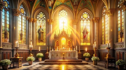 Fototapeta premium Ethereal golden light illuminates a serene Catholic church interior with stained glass windows, ornate decorations, and a majestic altar during a solemn holy mass celebration.