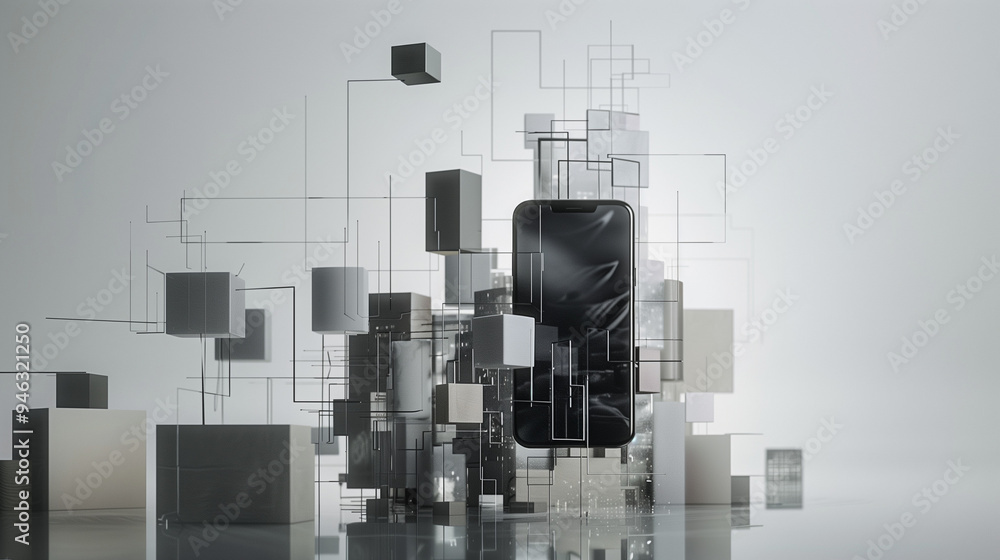 Fototapete The smartphone ad places the phone in the lower right corner of the image, overlooking a tranquil cityscape with a series of abstract floating objects arranged in rows, featuring geometric shapes