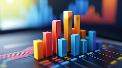 Colorful 3D bar chart rising on a laptop screen, representing financial growth and success.