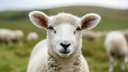 Obraz premium Herd Sheep Grazing Top Grass Covered