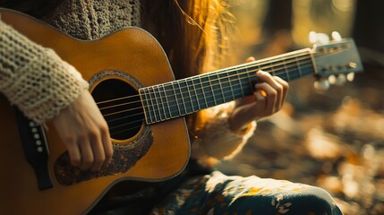Fototapeta premium A woman playing an acoustic guitar in the woods