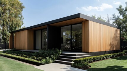 Minimalist luxury cubic home showcasing wooden cladding and black walls, with a landscaped front yard emphasizing simplicity and elegance in design