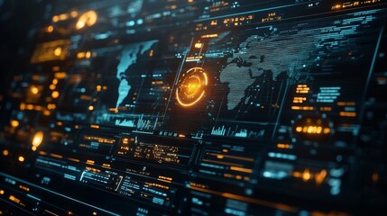 A futuristic holographic interface displays international data with interactive maps and analytics, enhancing global information visualization.