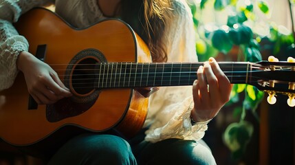 Fototapeta premium A woman playing an acoustic guitar in front of a window