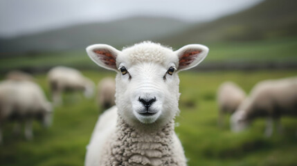 Obraz premium Herd Sheep Grazing Top Grass Covered