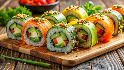 Fresh, colorful, and vibrant vegetable sushi rolls with carrot, avocado, and cucumber, garnished with sesame seeds, on a rustic wood table.