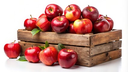 Fresh, crisp, juicy red apples overflow from a rustic wooden crate, set against a clean white background, evoking feelings of simplicity and autumnal abundance.