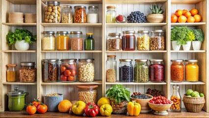 Fresh fruits, whole grains, and nutritious ingredients line the shelves of a well-organized pantry, promoting a balanced diet and healthy lifestyle choices.