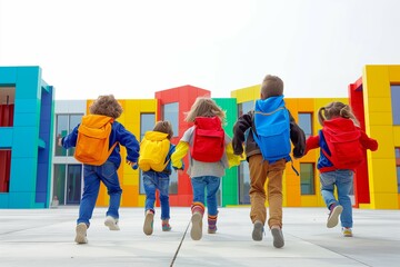 Obraz premium Kids running joyfully towards school building