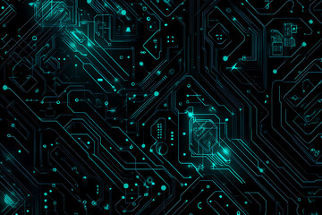  Abstract representation of a circuit board with glowing neon lines and geometric patterns against a dark background. The image evokes a high-tech, futuristic feel with ample copy space