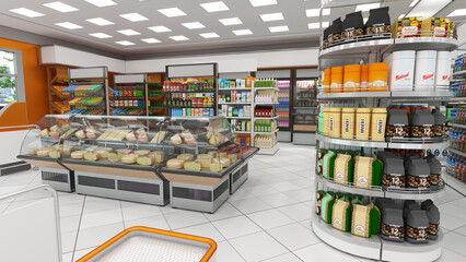 Supermarket interior mockup with shelves of goods, refrigerated display cases with cheese and cash desk. 3d illustration