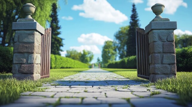 Stone gates open to reveal a paved pathway leading through a lush, green landscape. The path extends into the distance, under a blue sky dotted with white clouds.