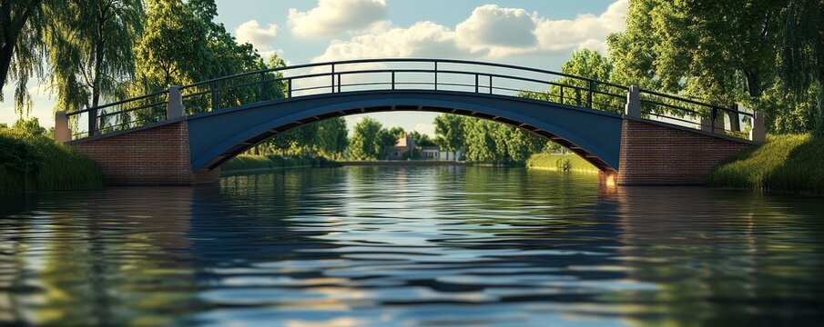 Stone bridge over a tranquil river, surrounded by lush greenery.