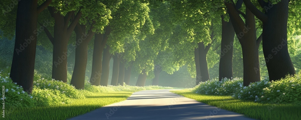 Poster sunlit path through a canopy of trees.
