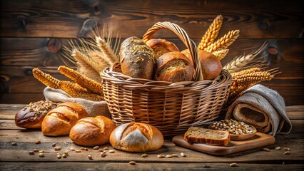 Freshly baked bread and assorted morning cereals overflowing from a wicker basket, set against a warm, rustic wooden table, with a soft, natural light.