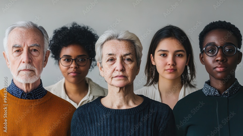 Poster five individuals of varying ages and backgrounds stand closely together, showcasing diversity and un