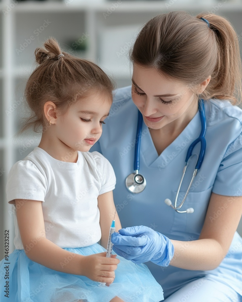 Wall mural a caring nurse administers a vaccine to a young girl, promoting health and safety in a calm environm