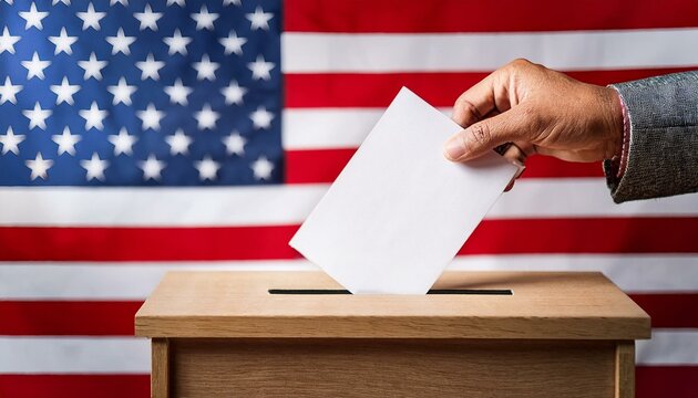 Close-up of a hand placing a paper ballot into a wooden ballot box with American flag background, concept of voting in a political election