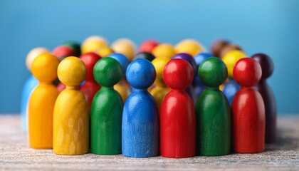 Colorful wooden dolls representing people, concept of diversity and plurality