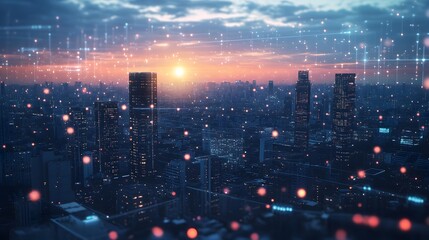 Futuristic cityscape with blockchain and AI data networks connecting buildings