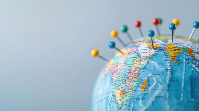 A close-up view of a globe with colorful push pins marking various locations, symbolizing travel and exploration.