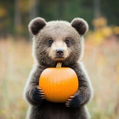 Obraz premium A cute bear holds a vibrant orange pumpkin in a colorful autumn landscape, capturing the essence of seasonal charm and wildlife.