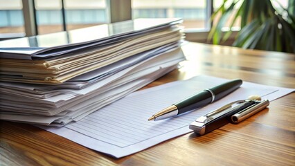 Freshly signed and dated official paperwork with a pen lying on top, surrounded by loose sheets and a stapler, on a tidy office desk surface.