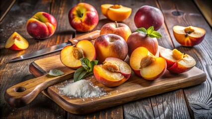 Freshly sliced juicy peaches arranged artfully on a rustic wooden cutting board, with a sprinkle of sugar and a hint of warm golden light.