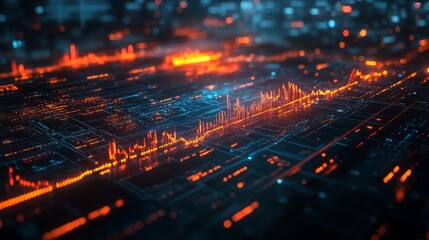 An advanced holographic interface showcases dynamic international data trends against a vibrant digital city skyline, emphasizing analytics in real-time.