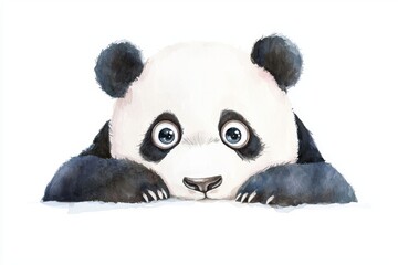 Obraz premium Big-eyed panda playing hide and seek, peeking out playfully, isolated on white, watercolor style