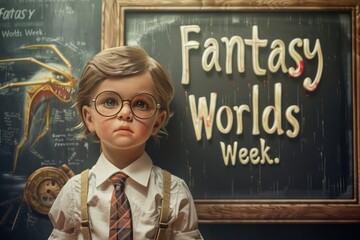 Child with glasses and a neat tie, in front of a chalkboard advertising Fantasy Worlds Week