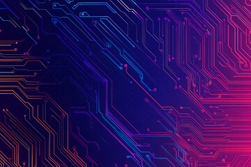  Abstract representation of a circuit board with glowing neon lines and geometric patterns against a dark background. The image evokes a high-tech, futuristic feel with ample copy space