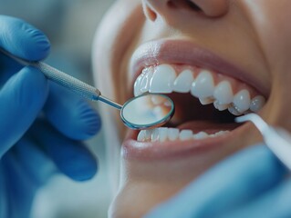 dentist holding a mirror to a patient's mouth with a blank are