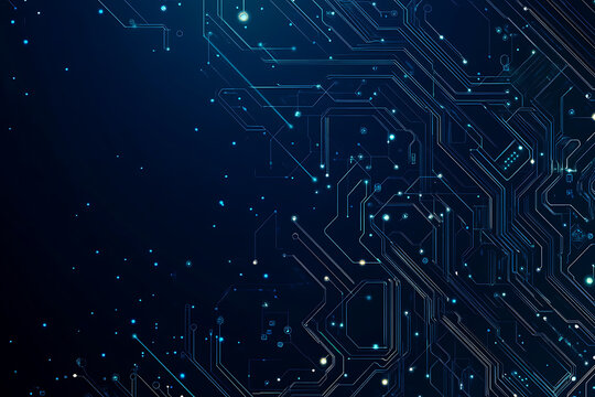  Abstract representation of a circuit board with glowing neon lines and geometric patterns against a dark background. The image evokes a high-tech, futuristic feel with ample copy space